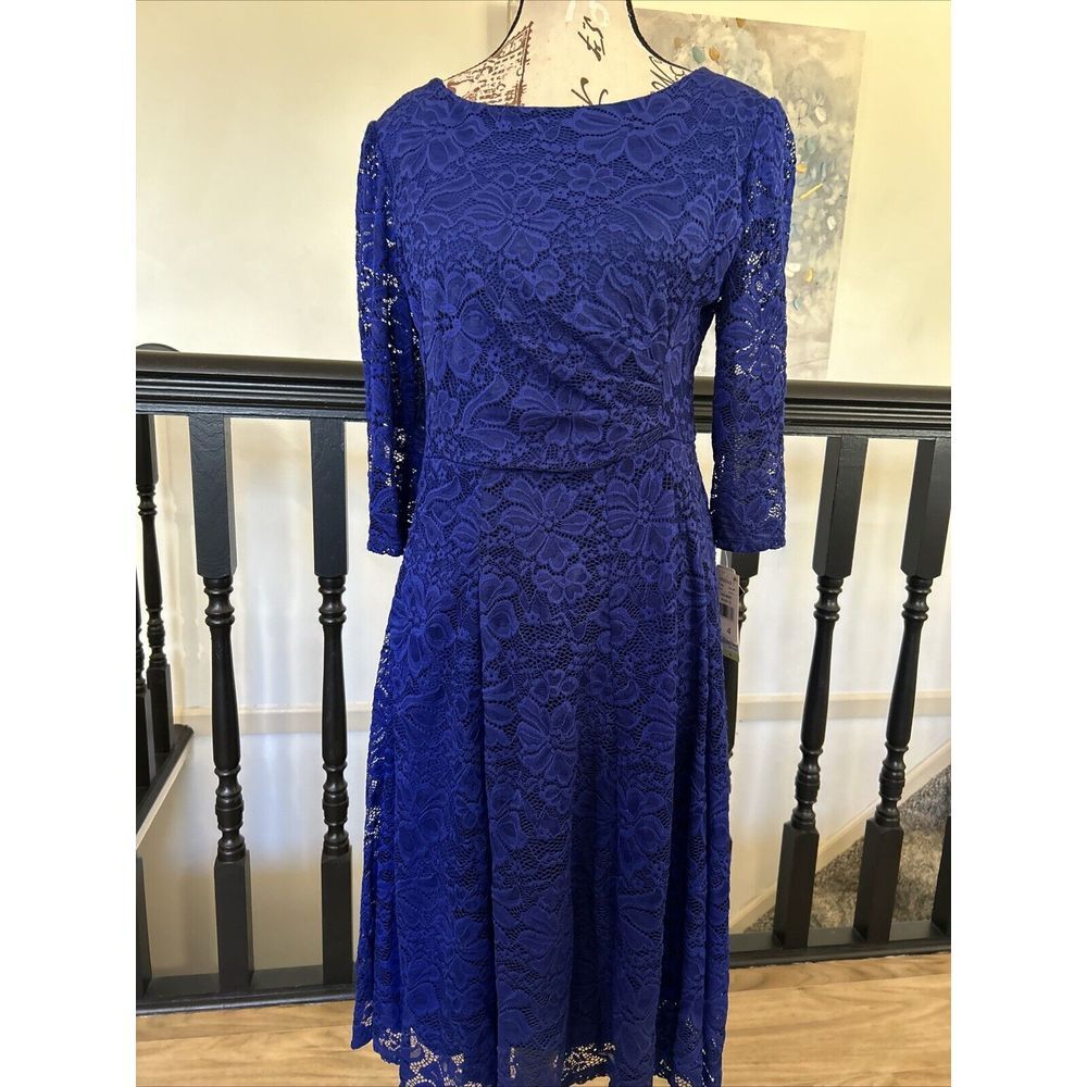 Studio One Women 3/4 Sleeve Crochet Dress Style 73363JP Royal Blue Sz4 NWT $74